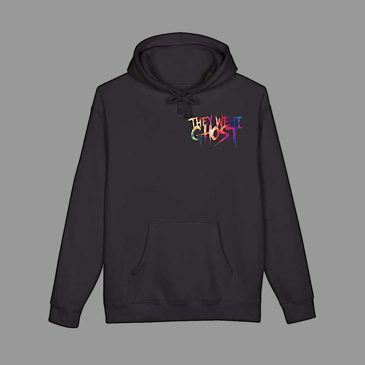 Black hoodie with colorful text design 