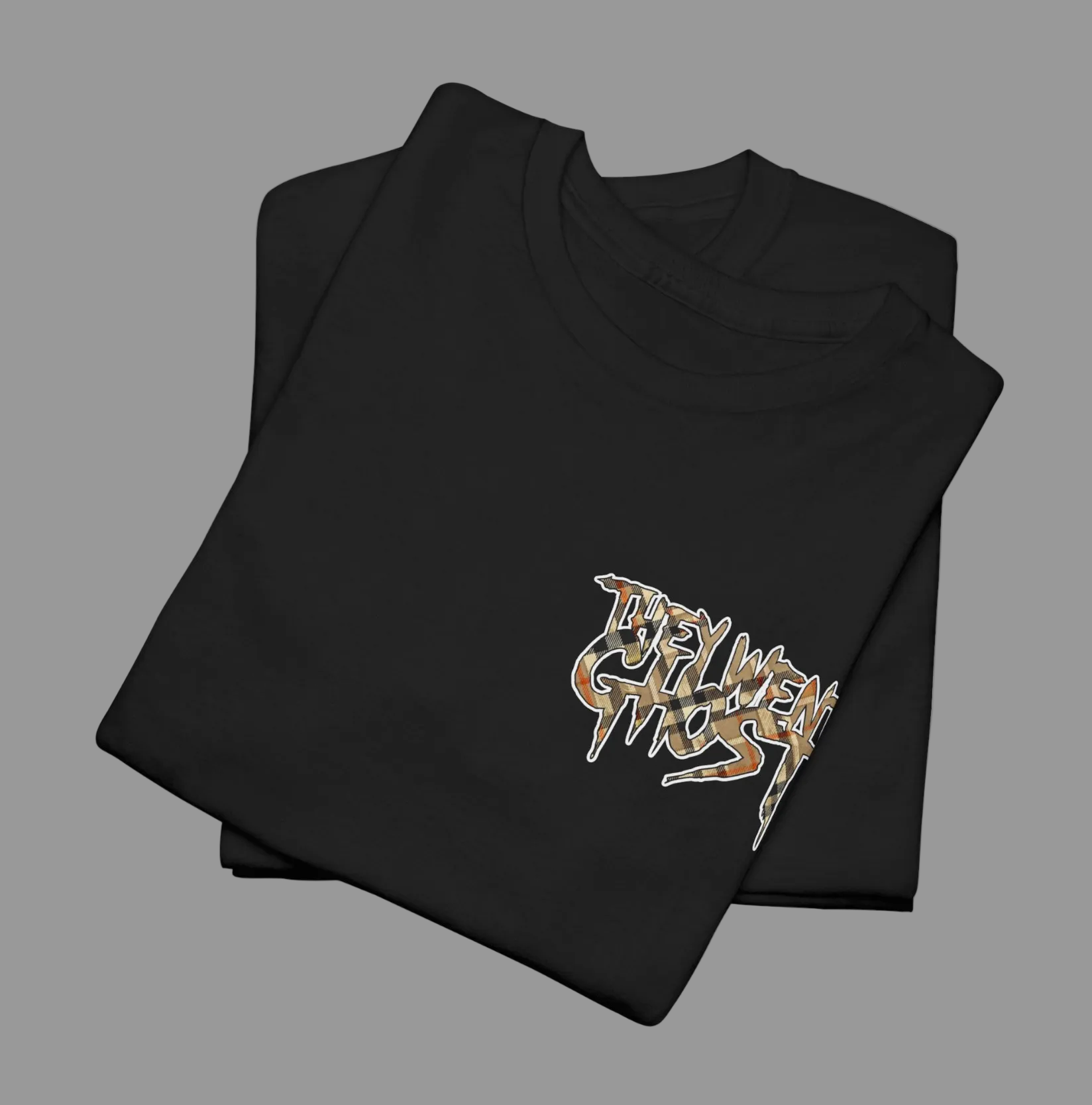 Black t-shirt with gold and white graphic design