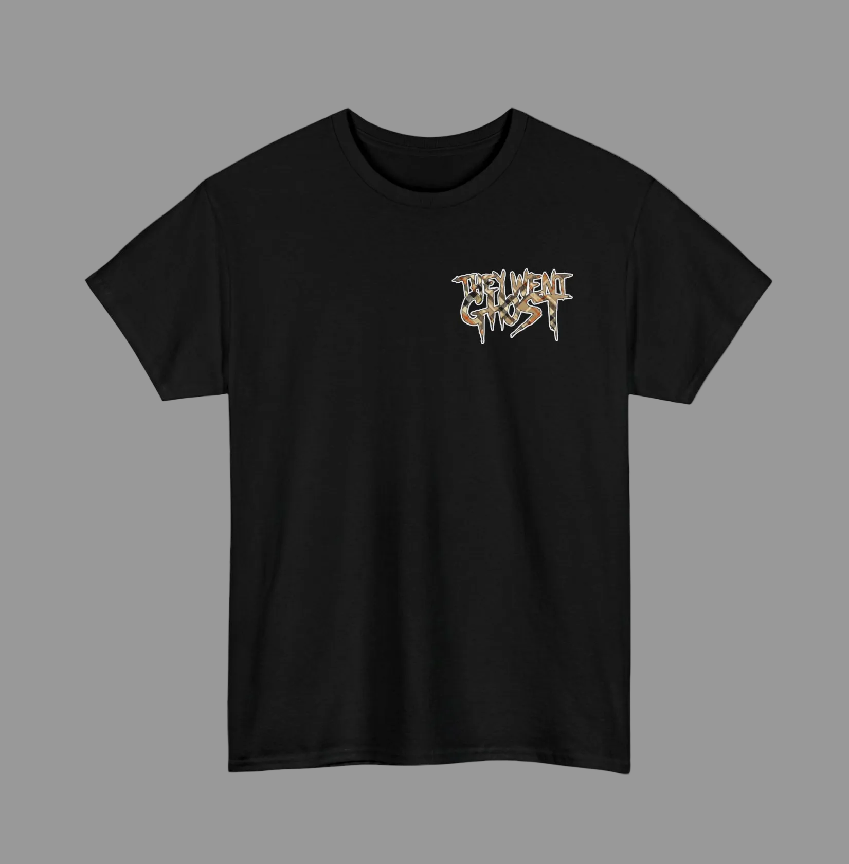 Black t-shirt with gold and white graphic design