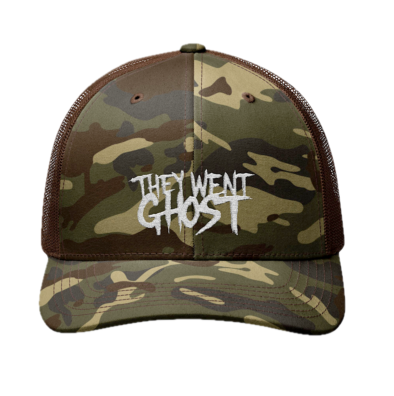 Camouflage cap with 'They Went Ghost' text on a white background
