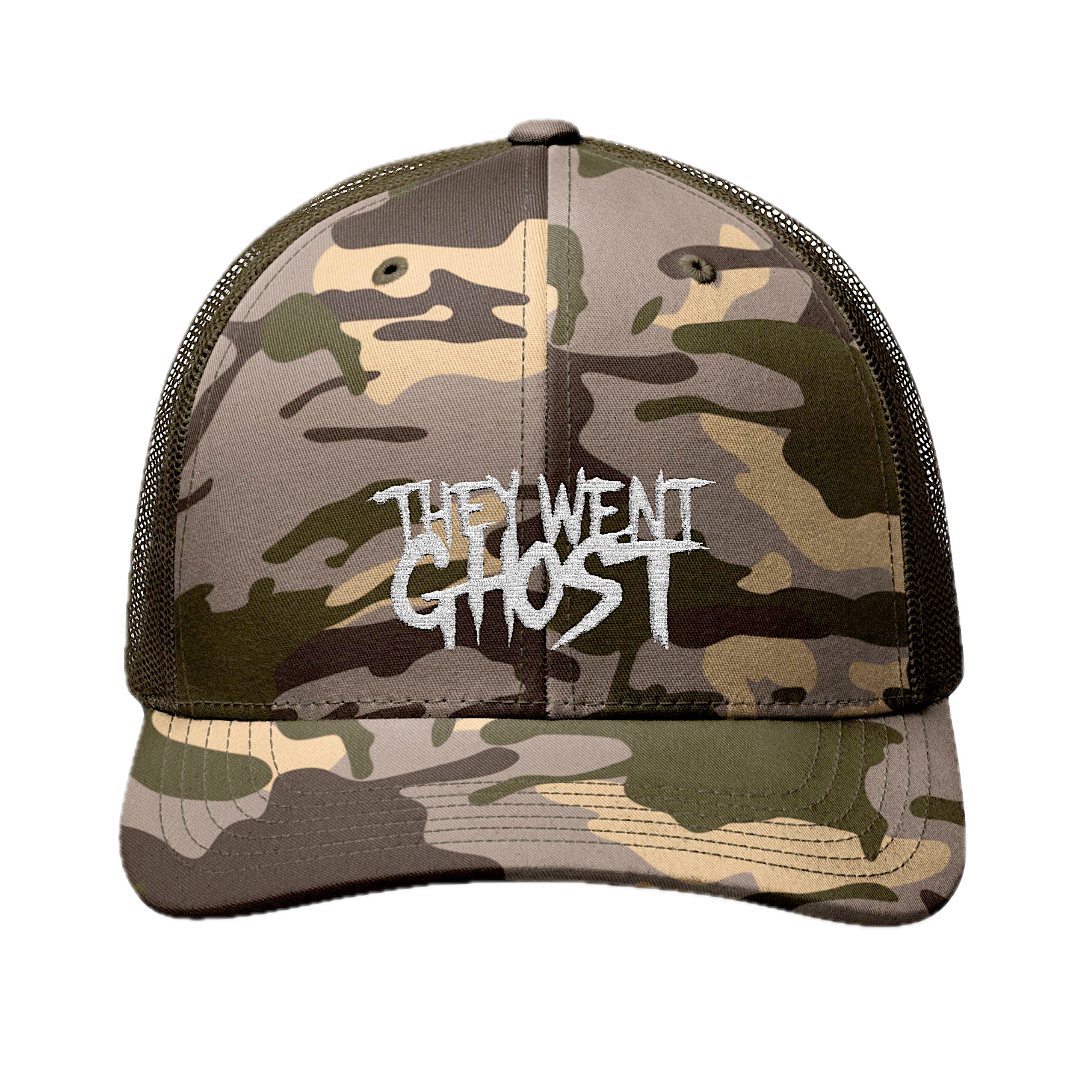 Camouflage trucker hat with 'They Went Ghost' text on a white background